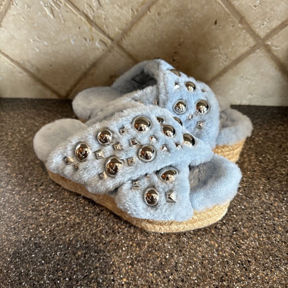 Miu Miu Shearling Light Blue Espadrilles  Criss-cross Stud Platform Sandals Sz 5